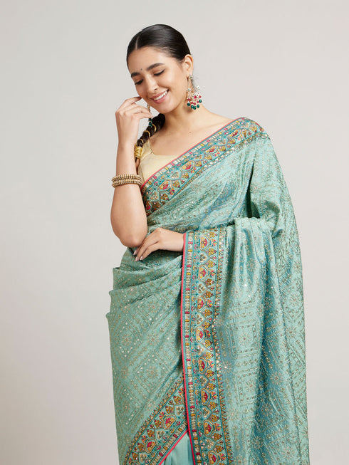 Mohey Sea Green Floral & Grid Patterned Saree with Sequin Work