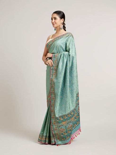 Mohey Sea Green Floral & Grid Patterned Saree with Sequin Work