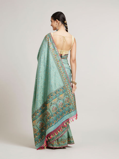 Mohey Sea Green Floral & Grid Patterned Saree with Sequin Work