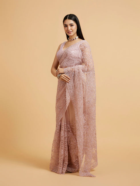 Mohey Dusty Rose Embroidered Saree with Rhinestone Work