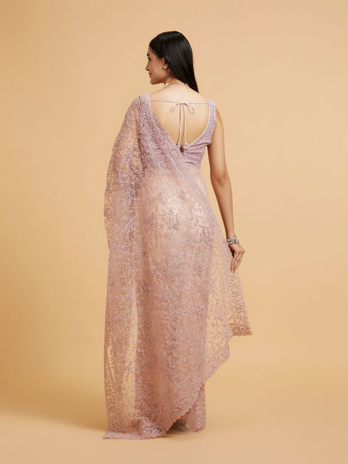 Mohey Dusty Rose Embroidered Saree with Rhinestone Work