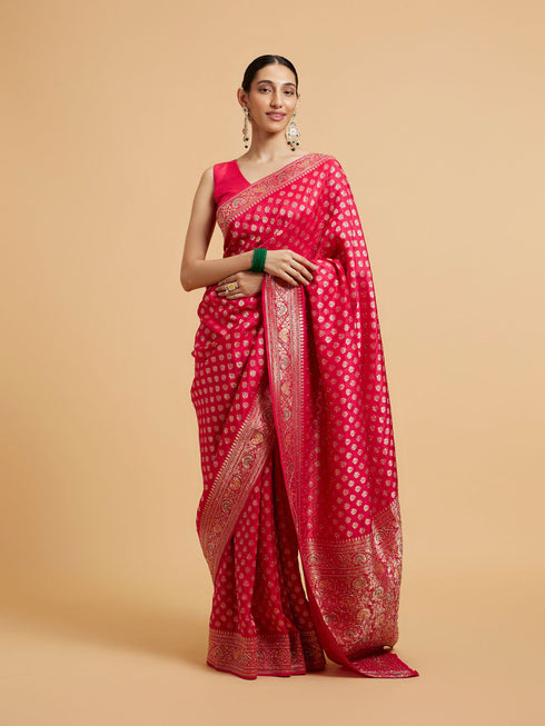 Mohey Rani Pink Buta Jaal Patterned Saree with Cutdana & Rhinestone Work