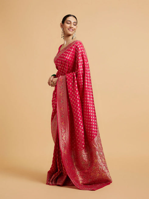 Mohey Rani Pink Buta Jaal Patterned Saree with Cutdana & Rhinestone Work
