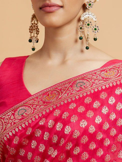 Mohey Rani Pink Buta Jaal Patterned Saree with Cutdana & Rhinestone Work
