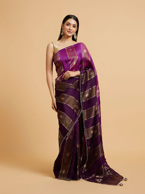 Mohey Royal Purple Buta & Striped Patterned Saree with Gota Patti Work