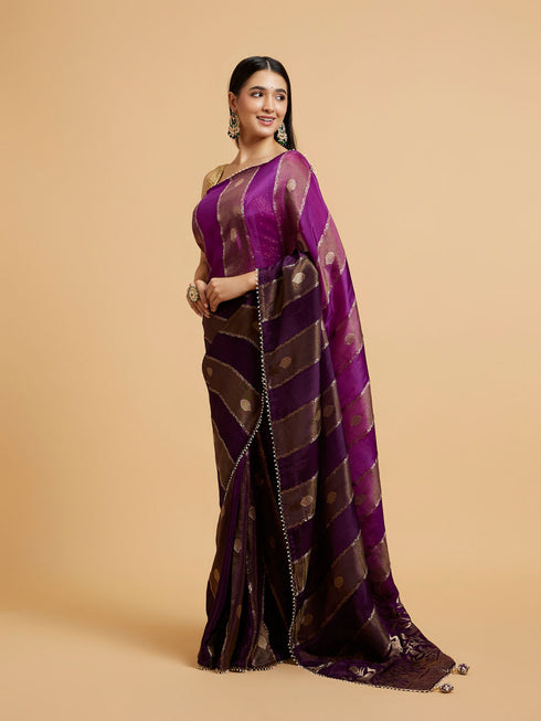 Mohey Royal Purple Buta & Striped Patterned Saree with Gota Patti Work