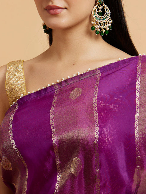 Mohey Royal Purple Buta & Striped Patterned Saree with Gota Patti Work