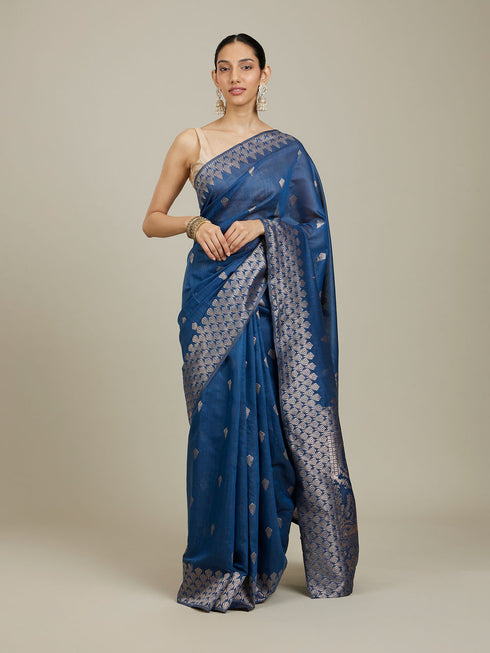 Mohey Indigo Blue Saree with Geometric Motifs and Floral Motifs on Border