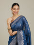 Mohey Indigo Blue Saree with Geometric Motifs and Floral Motifs on Border