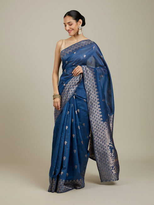 Mohey Indigo Blue Saree with Geometric Motifs and Floral Motifs on Border