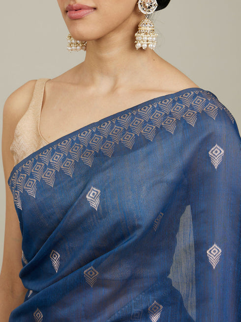 Mohey Indigo Blue Saree with Geometric Motifs and Floral Motifs on Border