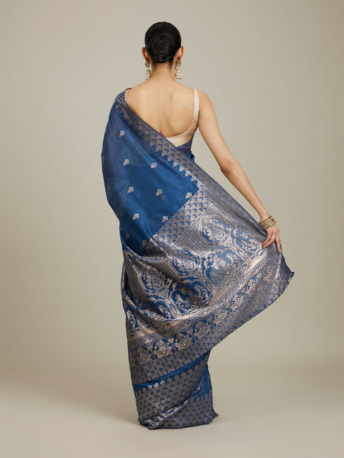 Mohey Indigo Blue Saree with Geometric Motifs and Floral Motifs on Border