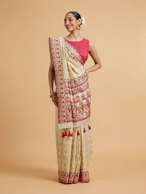 Mohey Cream Beige Floral Embroidered Saree with Sequin Work