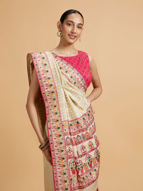 Mohey Cream Beige Floral Embroidered Saree with Sequin Work
