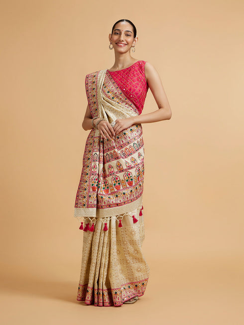Mohey Cream Beige Floral Embroidered Saree with Sequin Work