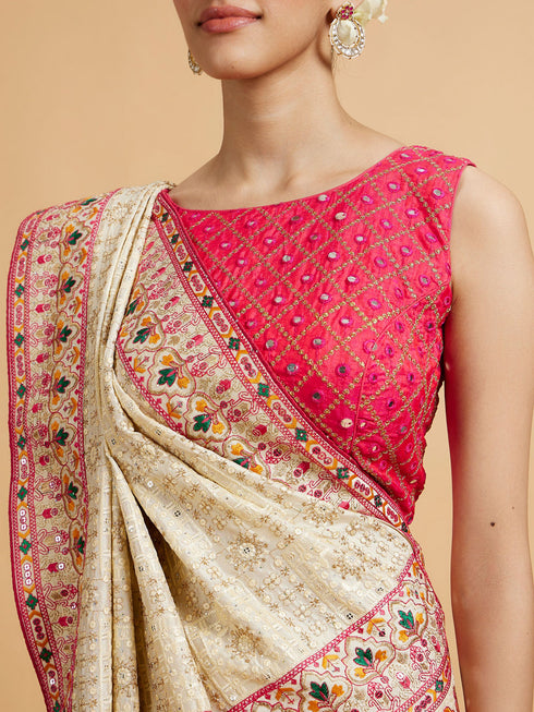 Mohey Cream Beige Floral Embroidered Saree with Sequin Work