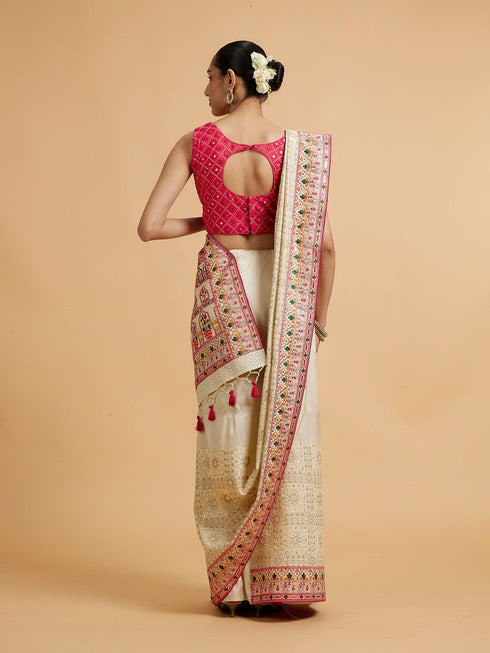 Mohey Cream Beige Floral Embroidered Saree with Sequin Work
