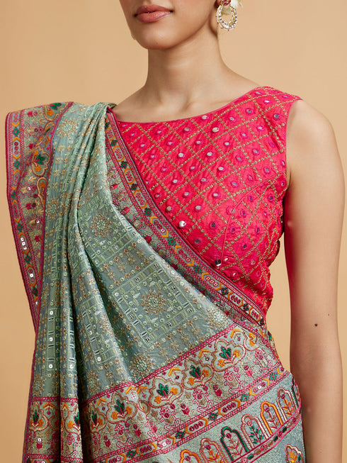 Mohey Sea Green Floral Embroidered Saree with Sequin Work