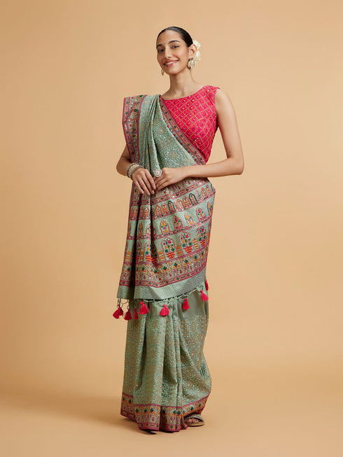 Mohey Sea Green Floral Embroidered Saree with Sequin Work