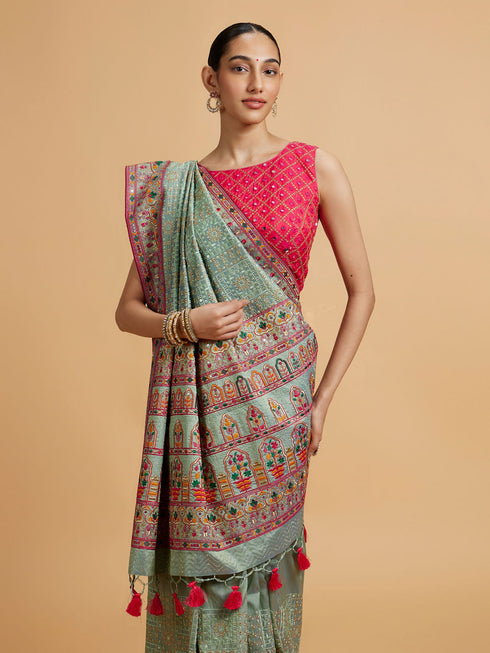 Mohey Sea Green Floral Embroidered Saree with Sequin Work