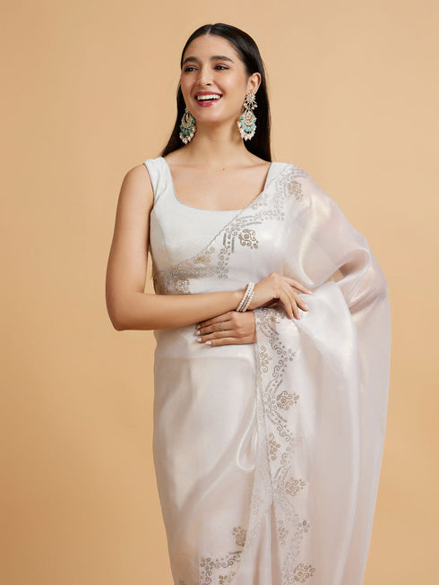 Mohey Soft Cream Plain Saree with Rhinestone Embellished Borders