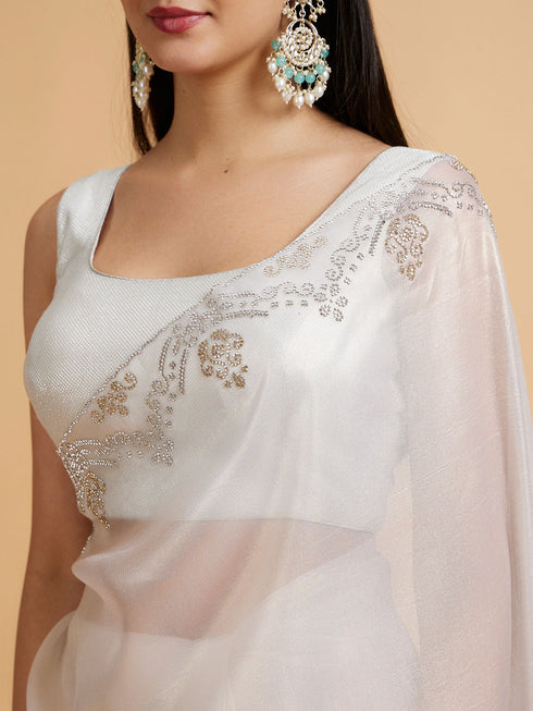 Mohey Soft Cream Plain Saree with Rhinestone Embellished Borders