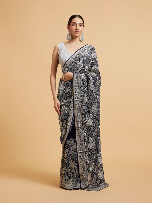 Mohey Indigo Blue Floral Patterned Saree with Sequin Work