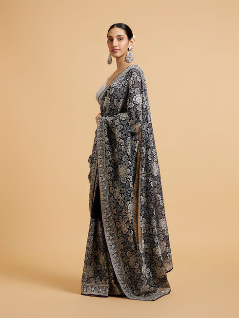 Mohey Indigo Blue Floral Patterned Saree with Sequin Work