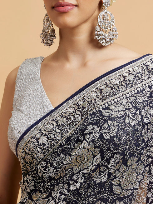 Mohey Indigo Blue Floral Patterned Saree with Sequin Work