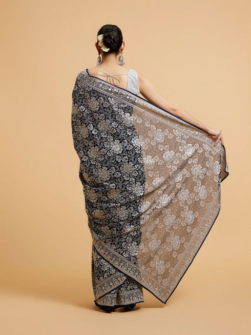 Mohey Indigo Blue Floral Patterned Saree with Sequin Work