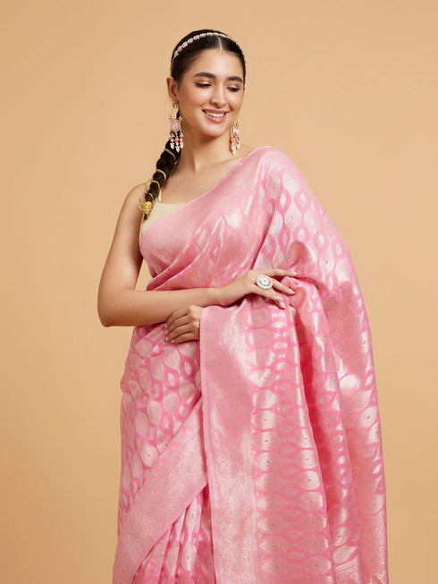 Mohey Barbie Pink Ogee Patterned Saree with Bel Patterned Borders