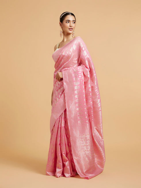 Mohey Barbie Pink Ogee Patterned Saree with Bel Patterned Borders