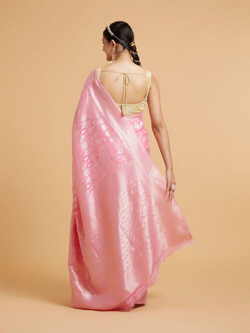 Mohey Barbie Pink Ogee Patterned Saree with Bel Patterned Borders