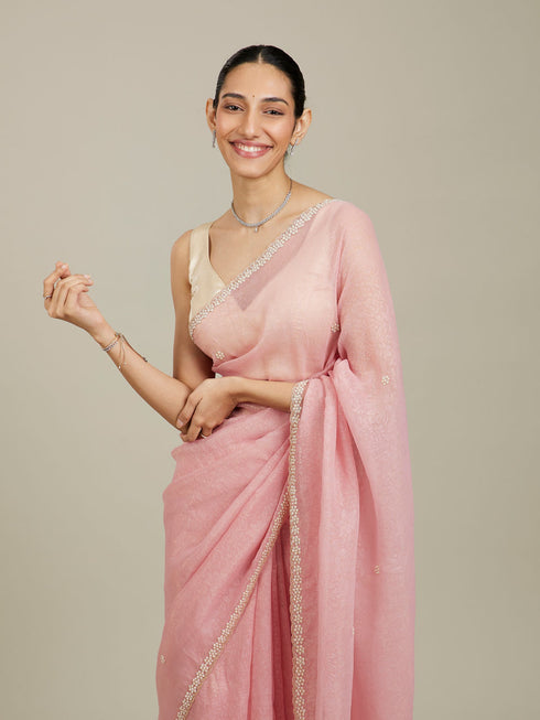 Mohey Candy Floss Pink Bel Butii Patterned Saree with Floral Pearl Butas