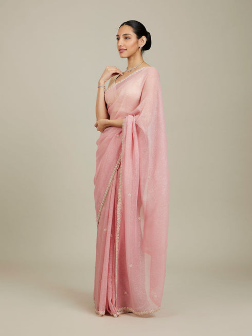 Mohey Candy Floss Pink Bel Butii Patterned Saree with Floral Pearl Butas