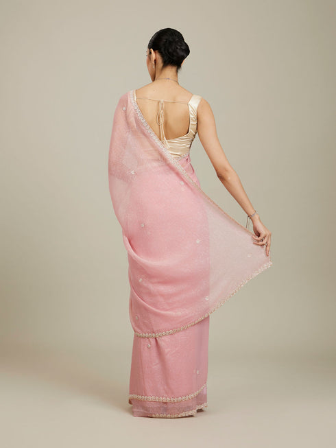 Mohey Candy Floss Pink Bel Butii Patterned Saree with Floral Pearl Butas