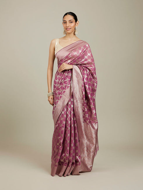 Mohey Damson Purple Jaal Patterned Saree with Intricate Borders