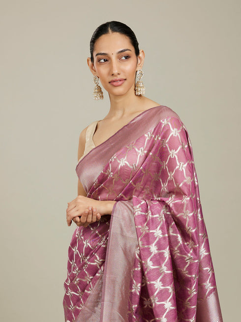 Mohey Damson Purple Jaal Patterned Saree with Intricate Borders