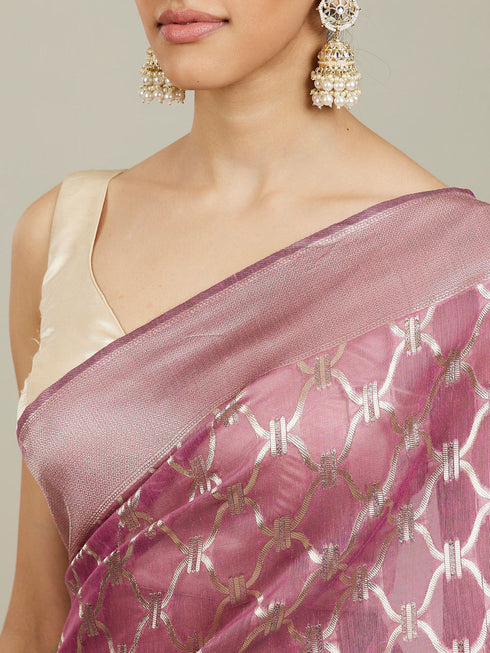 Mohey Damson Purple Jaal Patterned Saree with Intricate Borders