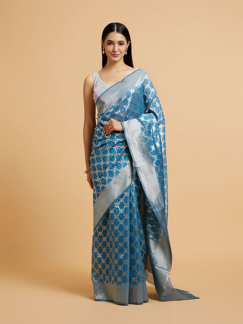 Mohey Maya Blue Jaal Patterned Saree with Intricate Borders