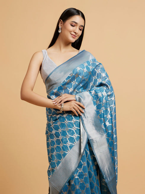 Mohey Maya Blue Jaal Patterned Saree with Intricate Borders