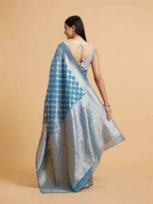 Mohey Maya Blue Jaal Patterned Saree with Intricate Borders