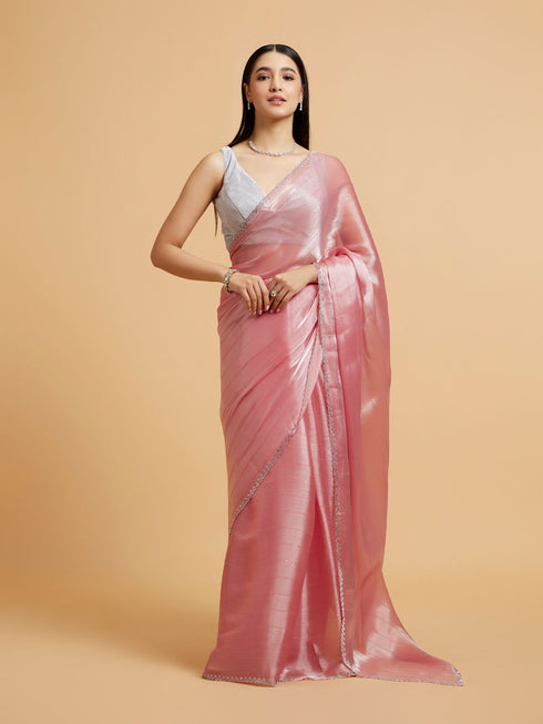 Mohey Rose Pink Sequin Embellished Saree with Rhinestone Border