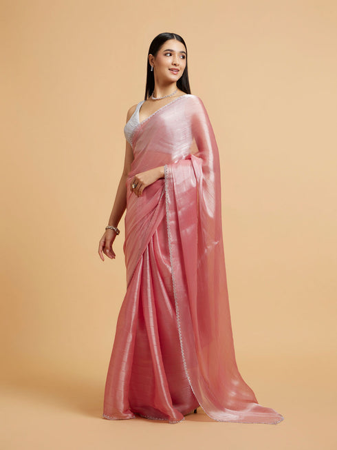 Mohey Rose Pink Sequin Embellished Saree with Rhinestone Border