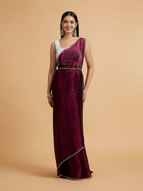Mohey Wine Red Sequin Embellished Saree with Rhinestone Border