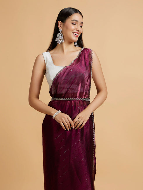 Mohey Wine Red Sequin Embellished Saree with Rhinestone Border