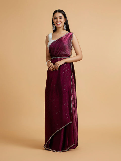 Mohey Wine Red Sequin Embellished Saree with Rhinestone Border