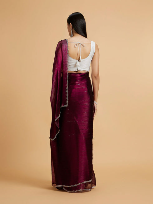 Mohey Wine Red Sequin Embellished Saree with Rhinestone Border