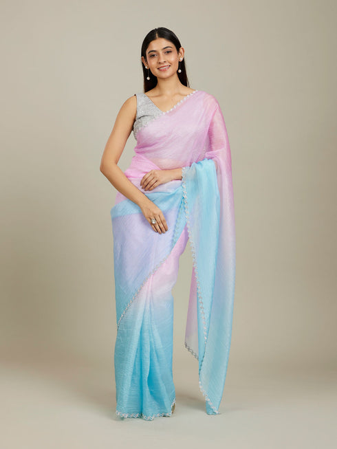 Mohey Enchanting Blue-Pink Organza Saree