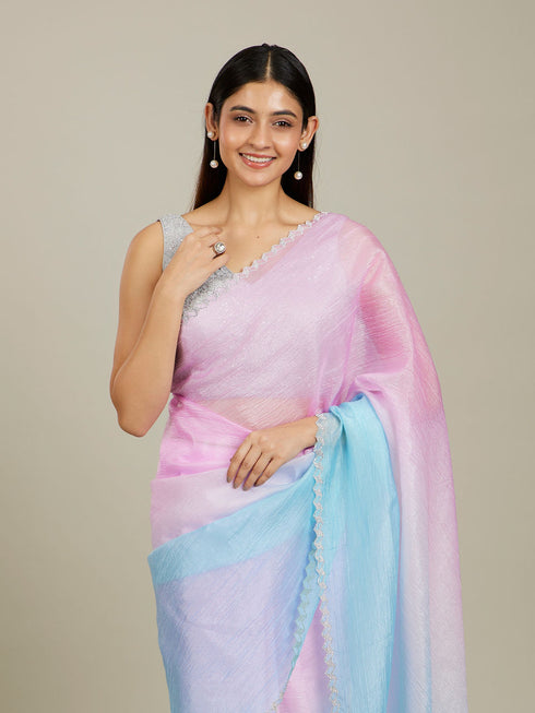 Mohey Enchanting Blue-Pink Organza Saree